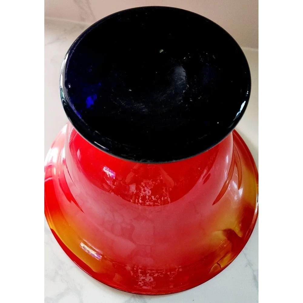 Red Orange Fire Blown Glass Bowl Vase Cobalt Blue Pedestal Base